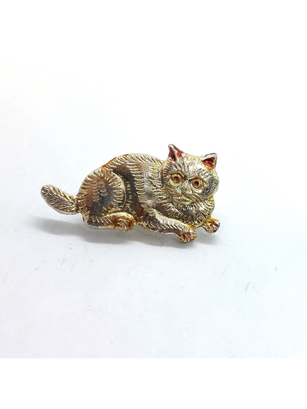 Vintage Persian Cat Pin Brass Tone Lounging Fluffy Kitty Rhinestone Eyes Lapel
